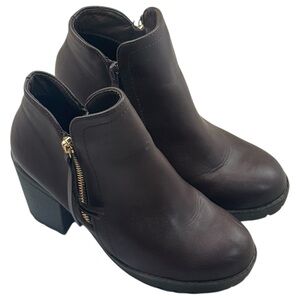 Top Moda Brown Ankle Booties Womens 6 Block Heel Side Zip Comfort Boots Classic
